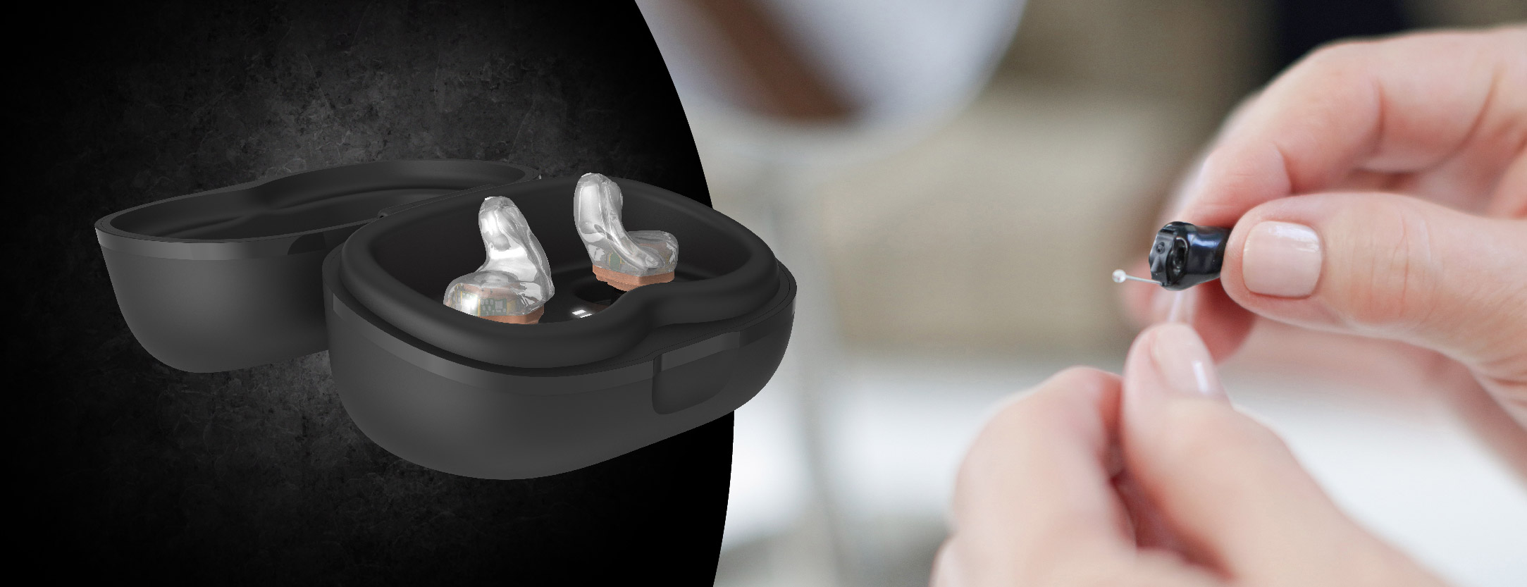 Image of Signature Series hearing aids in charger and Signature Series hearing aids in hands